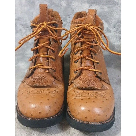 Ariat Tan Leather Ostrich Womens Boots 6 M Lace Up Western 16303 Farm Work READ - Picture 2 of 16